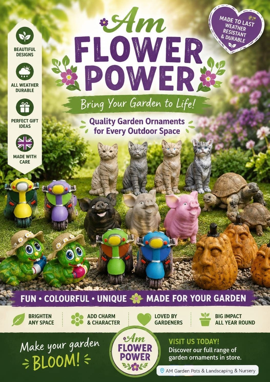 Colourful garden ornaments on an Am Flower Power flyer