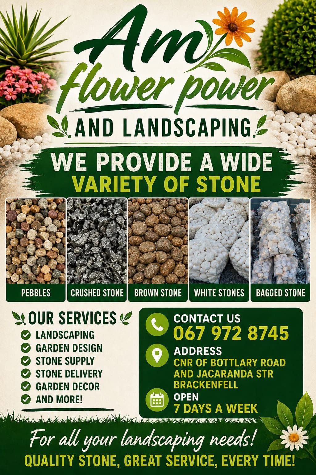 Am Flower Power flyer showing pebbles and stone options